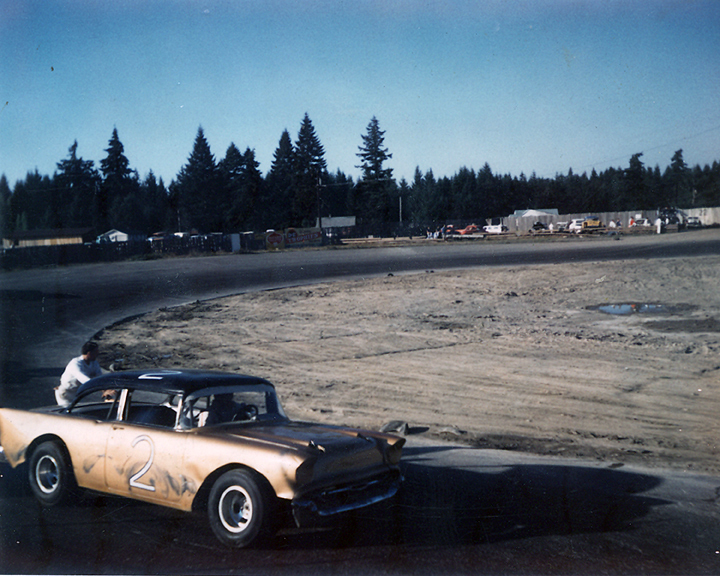 Don Hall driving, Hap Collins pushing, Ray Goodman's car 1968